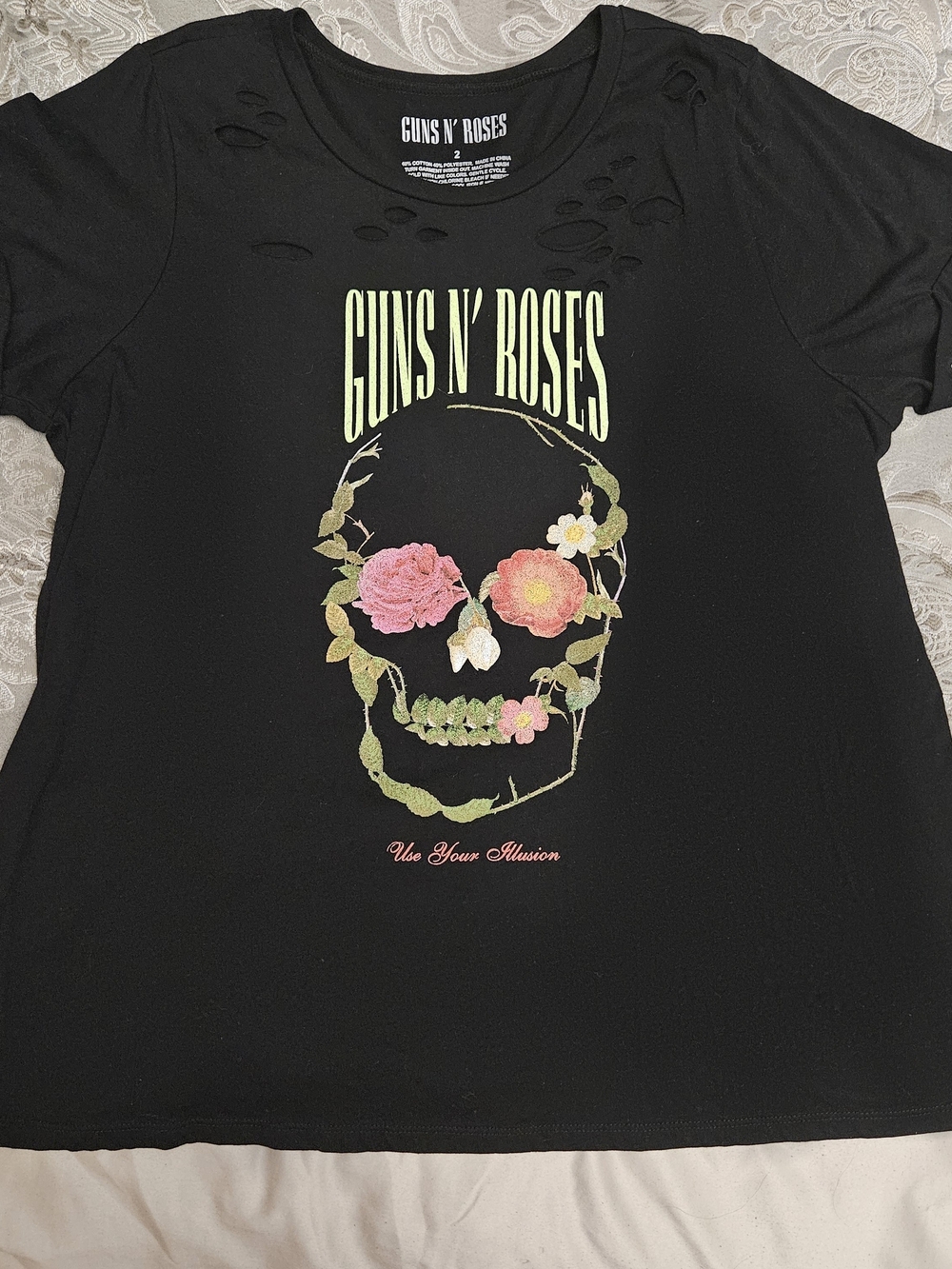 Torrid 2 Guns N' Roses Floral Skull Graphic Tee - Black with Pink & Green Floral